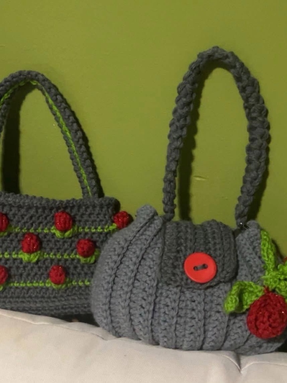 Handcrafted Gray Crochet Handbags with Red & Green Accents